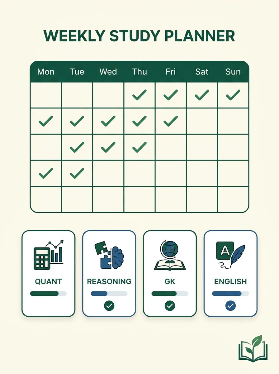 Illustrated weekly study planner with checkmarks and subject progress for Quant, Reasoning, GK and English