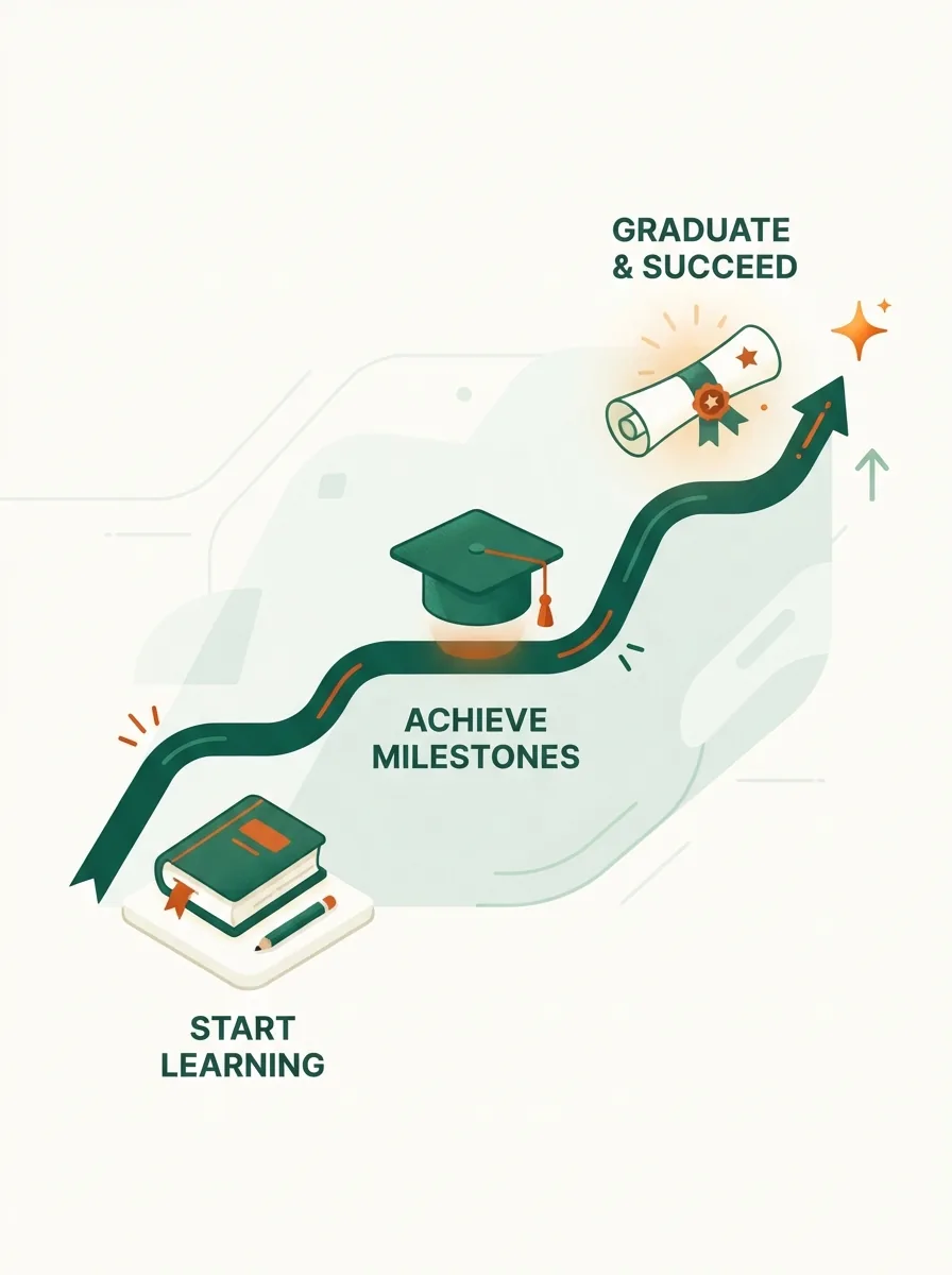 Illustration of a rising arrow from start learning through milestones to graduate and succeed