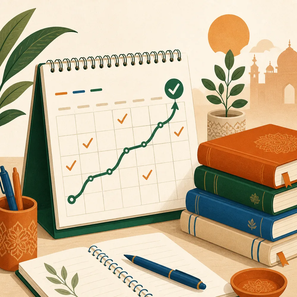 Illustration of a desk calendar with a rising green checkmark path beside a stack of study books