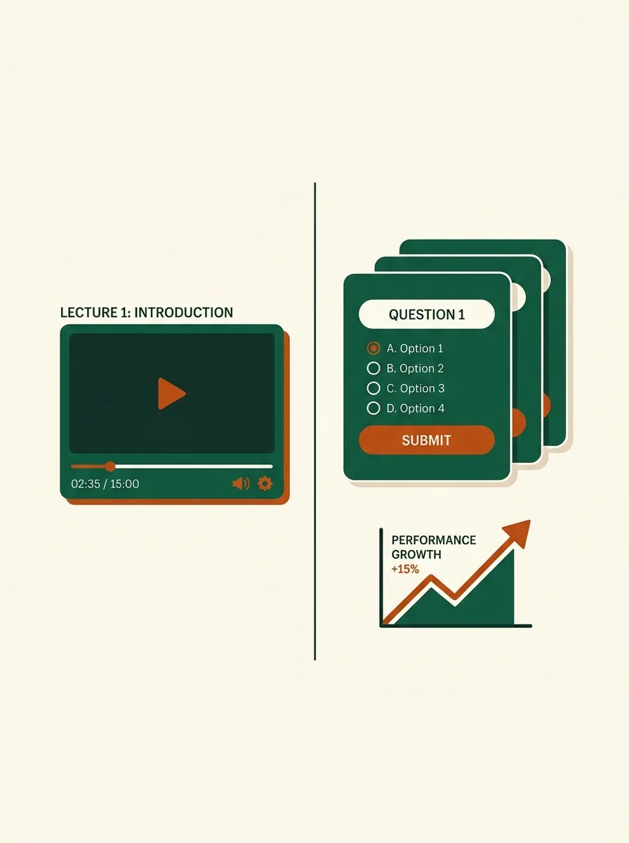 Illustration of a video lecture, practice question cards and a rising performance chart