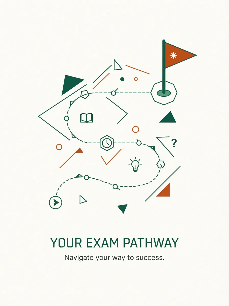 Illustrated exam pathway winding upward through books, questions and ideas to a goal flag