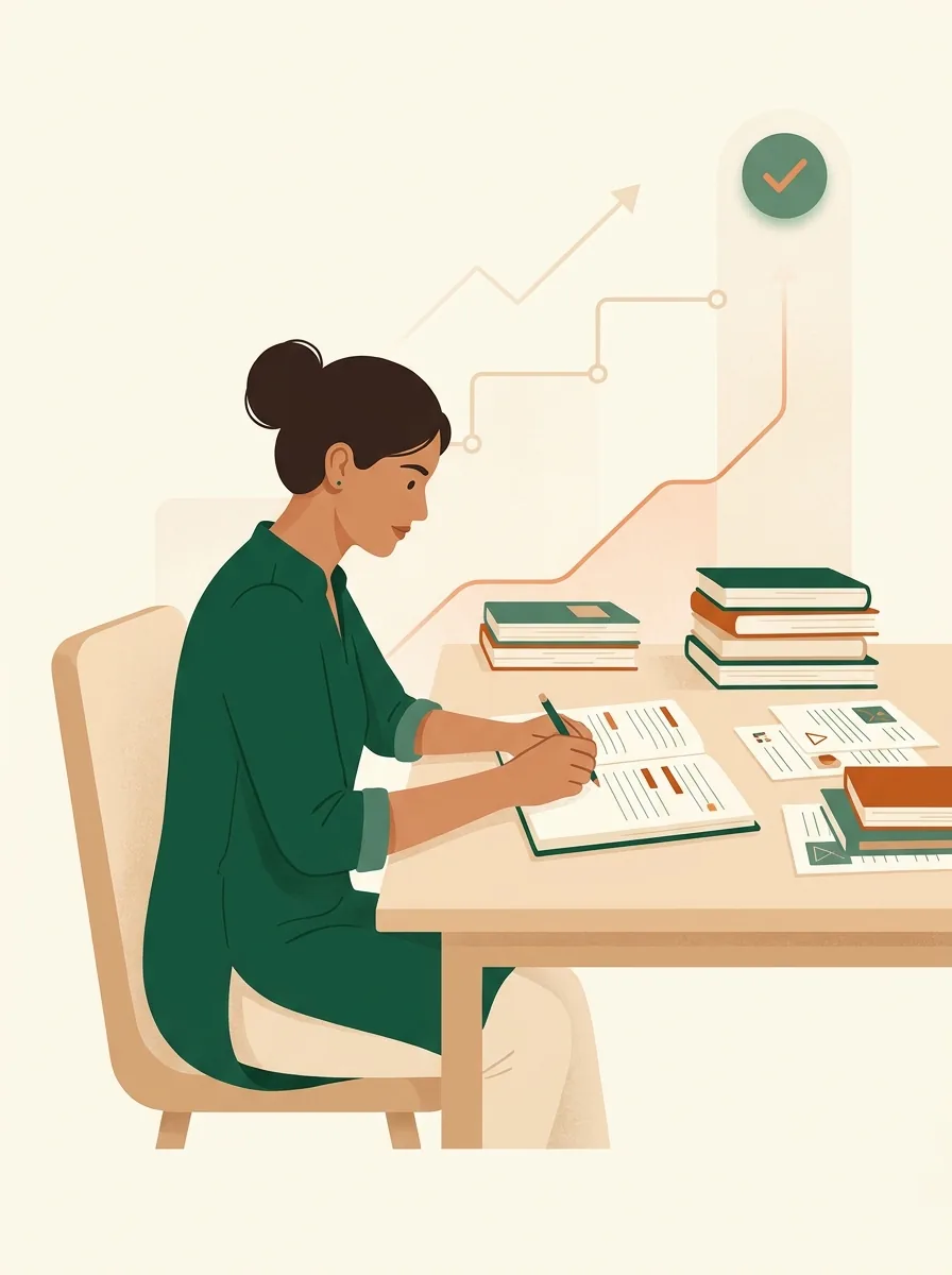 Illustration of an Indian aspirant studying at her desk with books, notes and a rising progress line